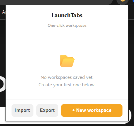 LaunchTabs empty state with import, export and new workspace buttons